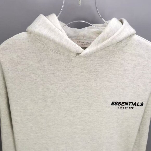 Fear of God Essentials SS22 Light Oatmeal Logo Flocked Hooded Sweatshirt for Men - Picture 3 of 9